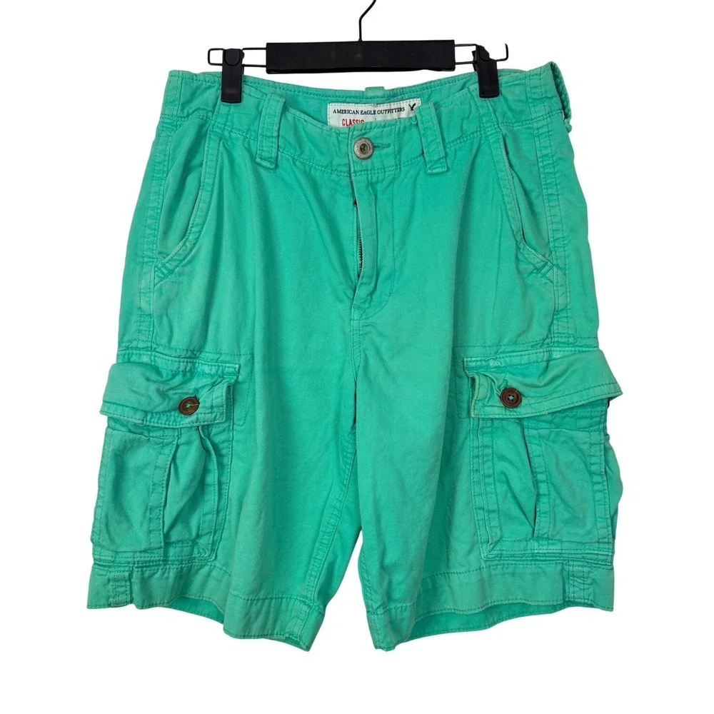 American Eagle Size 30 Men Classic Long Baggy Cargo Shorts Aqua Green Beach